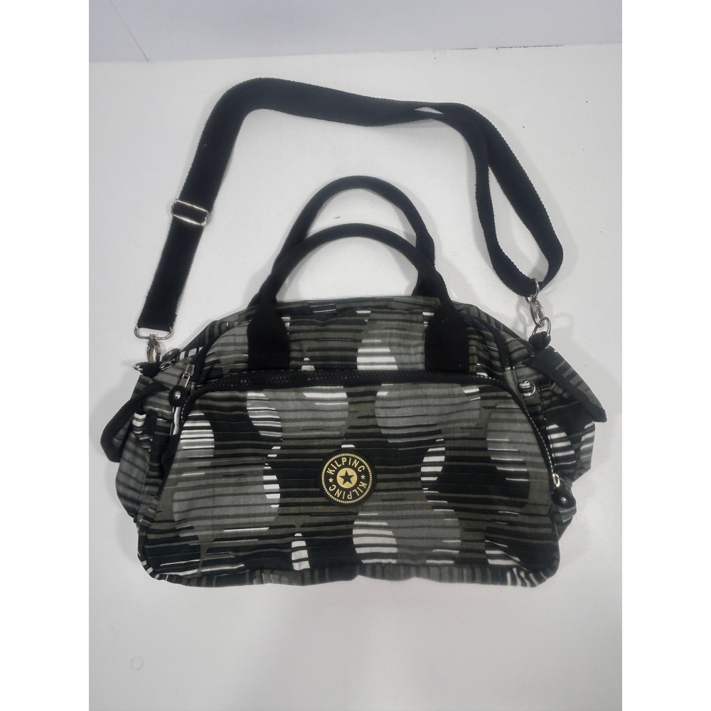 Kipling Grey White Abstract Striped Nylon Crossbody Satchel Bag Dual Handle